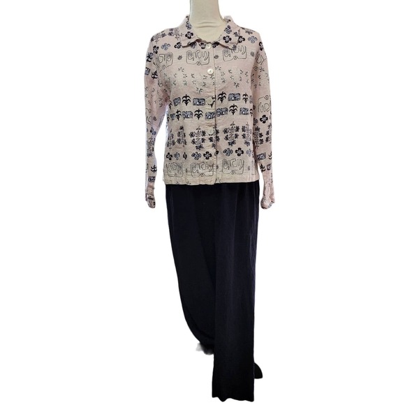 Garson Dresses & Skirts - Garson Linen Pant Suit Set Size XS Blue and Cream Elastic Waist Button Top VTG
